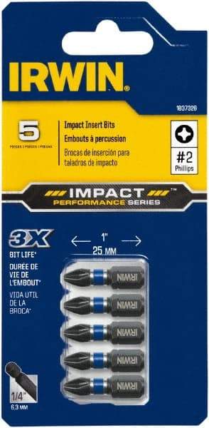 Irwin - #2, Insert Phillips Screwdriver Bit - 1/4" Drive, 1" OAL - Industrial Tool & Supply