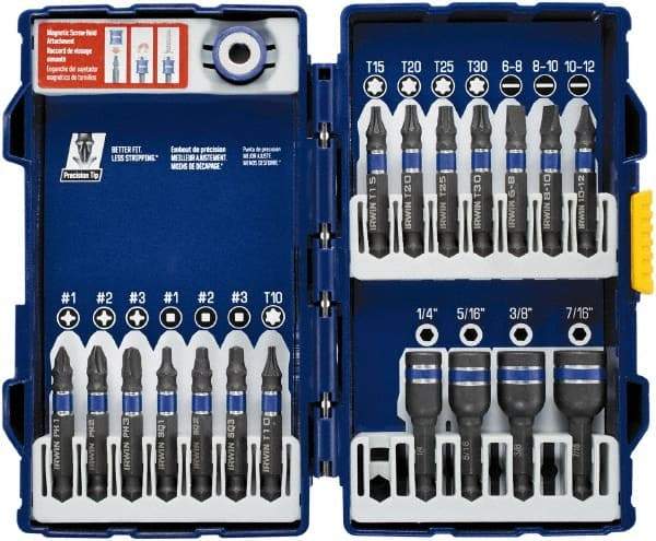 Irwin - 19 Piece, Phillips, Square, Torx, Slotted, Hex Nutsetter Handle, Drive Set - 1/4 to 7/16" Hex, #1 to #3 - Industrial Tool & Supply