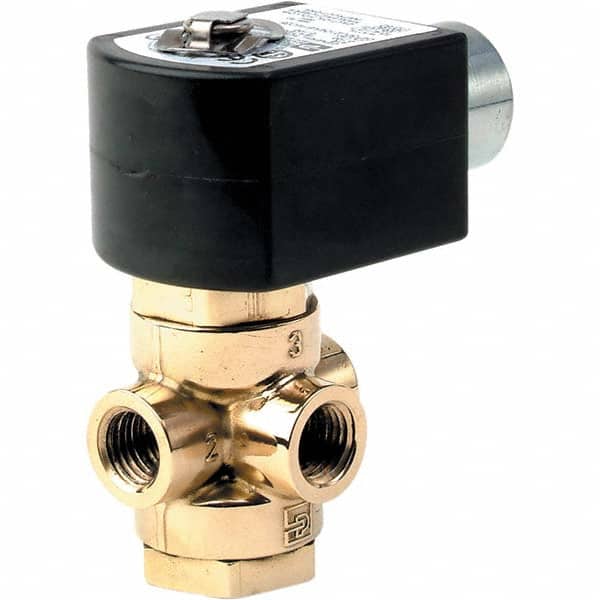 Parker - 120/60 - 110/50 VAC 1/4" NPT Port Brass Three-Way Direct Acting Solenoid Valve - Industrial Tool & Supply
