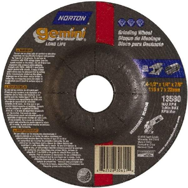 Norton - 4-1/2" Wheel Diam, 1/4" Wheel Thickness, 7/8" Arbor Hole, Type 27 Depressed Center Wheel - Aluminum Oxide - Industrial Tool & Supply