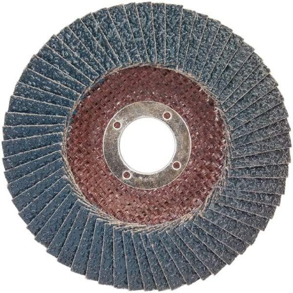 Norton - 60 Grit, 4-1/2" Disc Diam, 7/8" Center Hole, Type 29 Zirconia Alumina Flap Disc - 13,300 Max RPM, Plastic Backing, Arbor Attaching System, Coated - Industrial Tool & Supply