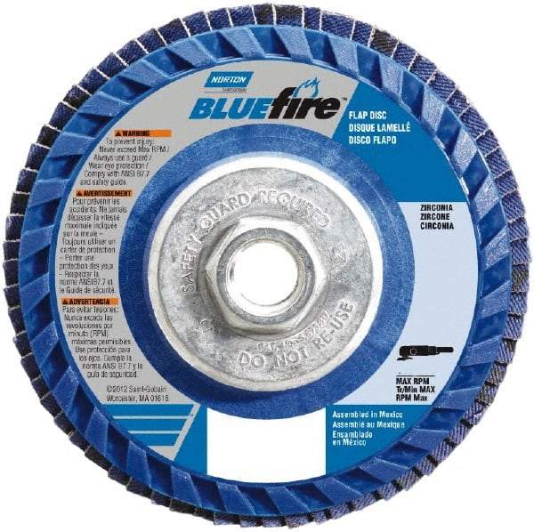 Norton - 36 Grit, 4-1/2" Disc Diam, 5/8-11 Center Hole, Type 27 Zirconia Alumina Flap Disc - 13,300 Max RPM, Plastic Backing, Arbor Attaching System, Coated - Industrial Tool & Supply