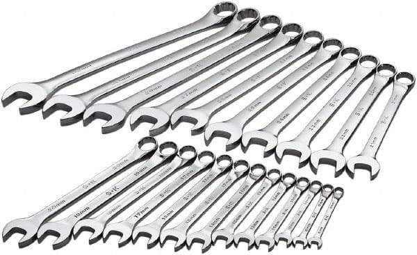 SK - 23 Piece, 8mm to 32mm, 12 Point Combination Wrench Set - Metric Measurement Standard, Chrome Finish, Comes in Rack - Industrial Tool & Supply