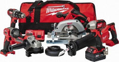 Milwaukee Tool - 18 Volt Cordless Tool Combination Kit - Includes 1/2" Hammer Drill Driver, 1/4" Impact Driver, 1-Hour Charger, Circular Saw, Contractor Bag, Cut-Off Grinder, Reciprocating Saw, Sawzall Blade & Work Light, Lithium-Ion Battery Included - Industrial Tool & Supply