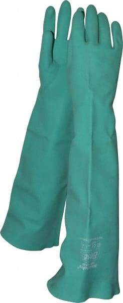 SHOWA - Size S (7), 19" Long, 22 mil Thick, Nitrile Chemical Resistant Gloves - Textured Finish, Slip-On Cuff, ANSI Abrasion Level 4, ANSI Cut Level 0, ANSI Puncture Level 1, Green, FDA Approved - Industrial Tool & Supply
