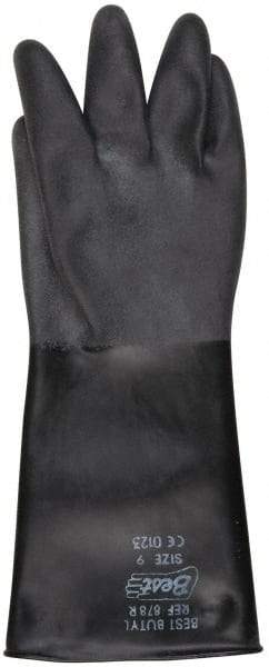 SHOWA - Size L (9), 14" Long, 25 mil Thick, Butyl Chemical Resistant Gloves - Textured Finish, Rolled Cuff, ANSI Abrasion Level 0, ANSI Cut Level 0, ANSI Puncture Level 0, Black - Industrial Tool & Supply