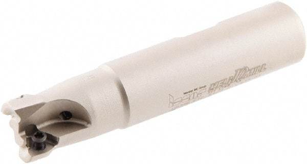 Iscar - 5/8" Cut Diam, 0.2" Max Depth of Cut, 5/8" Shank Diam, 3" OAL, Indexable Square Shoulder Helical End Mill - HM390 TCKT 0703PCTR Inserts, Weldon Shank, 0° Lead Angle, Through Coolant, Series HeliIQMill - Industrial Tool & Supply