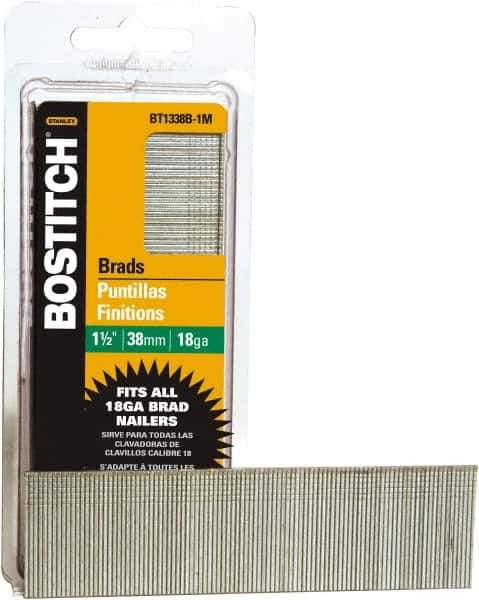Stanley Bostitch - 18 Gauge 0.05" Shank Diam 1-1/2" Long Brad Nails for Power Nailers - Steel, Bright Finish, Ring Shank, Straight Stick Adhesive Collation, Brad Head, Chisel Point - Industrial Tool & Supply