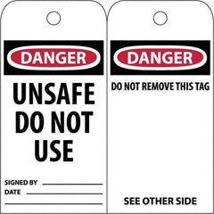 NMC - 3" High x 6" Long, DANGER \x96 UNSAFE DO NOT USE, English Safety & Facility Accident Prevention Tag - Tag Header: Danger, 2 Sides, White Poly - Industrial Tool & Supply