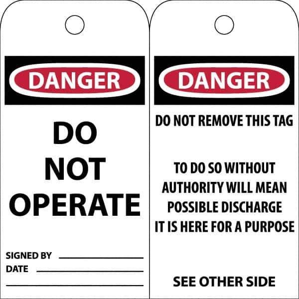 NMC - 3" High x 6" Long, DANGER \x96 DO NOT OPERATE, English Safety & Facility Accident Prevention Tag - Tag Header: Danger, 2 Sides, White Poly - Industrial Tool & Supply