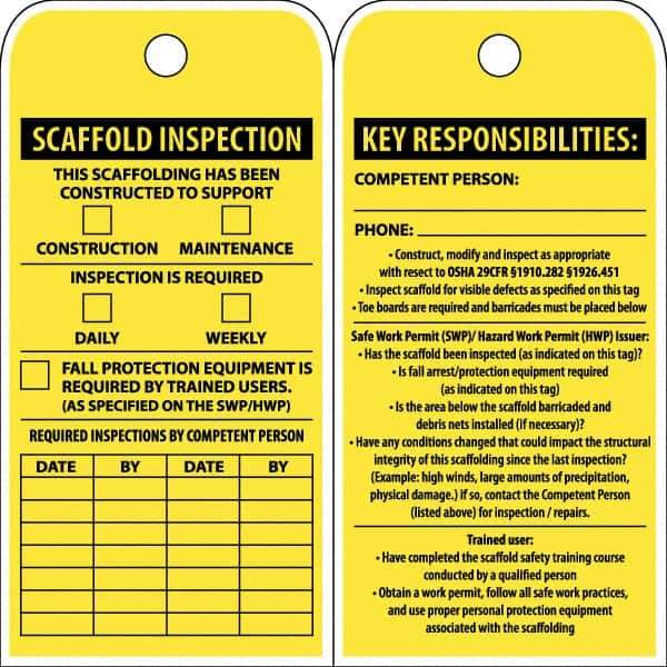 NMC - 3" High x 6" Long, SCAFFOLD INSPECTION, English Safety & Facility Inspection Tag - Tag Header: Notice, 2 Sides, Yellow Poly - Industrial Tool & Supply