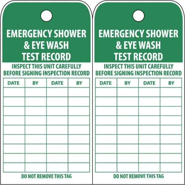 NMC - 3" High x 6" Long, EMERGENCY SHOWER & EYE WASH TEST RECORD, English Safety & Facility Accident Prevention Tag - Tag Header: Danger, 2 Sides, White Poly - Industrial Tool & Supply