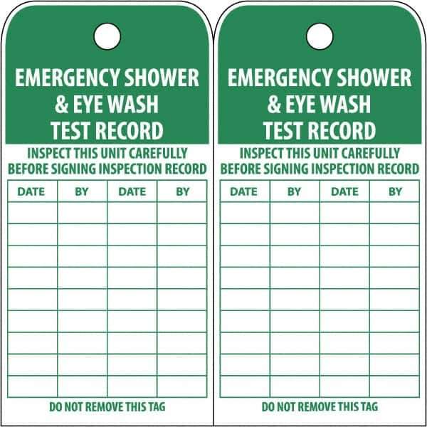 NMC - 3" High x 6" Long, EMERGENCY SHOWER & EYE WASH TEST RECORD, English Safety & Facility Accident Prevention Tag - Tag Header: Danger, 2 Sides, White Poly - Industrial Tool & Supply