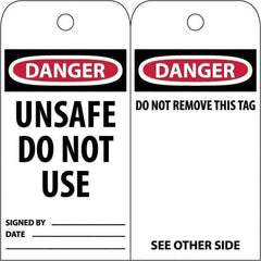 NMC - 3" High x 6" Long, DANGER \x96 UNSAFE DO NOT USE, English Safety & Facility Accident Prevention Tag - Tag Header: Danger, 2 Sides, White Poly - Industrial Tool & Supply