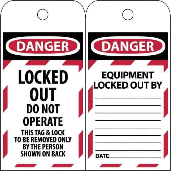 NMC - 3" High x 6" Long, LOCKED OUT - DO NOT OPERATE, English Safety & Facility Lockout Tag - Tag Header: Danger, 2 Sides, Black & Red Poly - Industrial Tool & Supply
