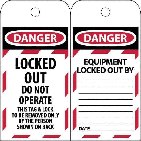 NMC - 3" High x 6" Long, LOCKED OUT - DO NOT OPERATE, English Safety & Facility Lockout Tag - Tag Header: Danger, 2 Sides, Black & Red Poly - Industrial Tool & Supply