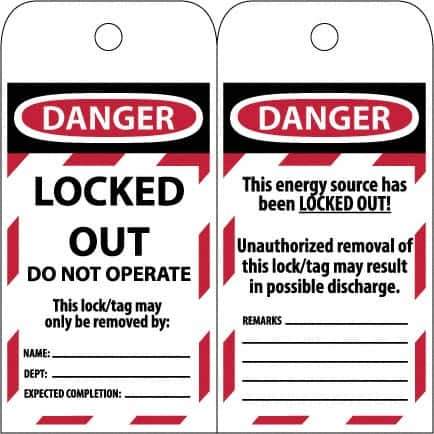 NMC - 3" High x 6" Long, LOCKED OUT - DO NOT OPERATE, English Safety & Facility Lockout Tag - Tag Header: Danger, 2 Sides, Black & Red Poly - Industrial Tool & Supply