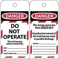 NMC - 3" High x 6" Long, LOCKED OUT - DO NOT OPERATE, English Safety & Facility Lockout Tag - Tag Header: Danger, 2 Sides, Black & Red Poly - Industrial Tool & Supply