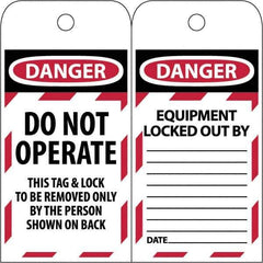NMC - 3" High x 6" Long, DANGER - DO NOT OPERATE - EQUIPMENT LOCK-OUT - THIS TAG & LOCK TO BE REMOVED ONLY BY THE PERSON SHOWN ON BACK, English Safety & Facility Lockout Tag - Tag Header: Danger, 2 Sides, Black & Red Poly - Industrial Tool & Supply