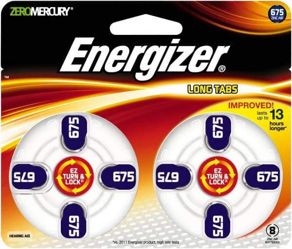 Energizer - Size 675, Zinc Air, 1 Pack, Hearing Aid Battery - 1.4 Volts, Button Tab Terminal, PR44 - Industrial Tool & Supply