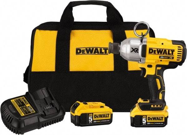 DeWALT - 7/16" Drive 20 Volt Mid-Handle Cordless Impact Wrench & Ratchet - 400/900/1,200 RPM, 0 to 2,400 BPM, 500 Ft/Lb Torque, 2 Lithium-Ion Batteries Included - Industrial Tool & Supply
