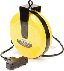Reelcraft - 16 AWG, 30' Cable Length, Cord & Cable Reel with Outlet End - 3 Outlets, NEMA 5-15R, 10 Amps, 125 Volts, SJTW Cable, Yellow Reel, Spring Driven Reel - Industrial Tool & Supply
