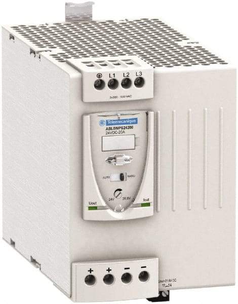 Schneider Electric - 480 Watt, 20 Amp, 380 to 500 VAC Input, 24 VDC Output, DIN Rail Power Supply - Screw Connection, 165mm Wide x 155mm Deep x 143mm High, 92-100% Efficiency, Green LED Output, Red LED Output - Industrial Tool & Supply