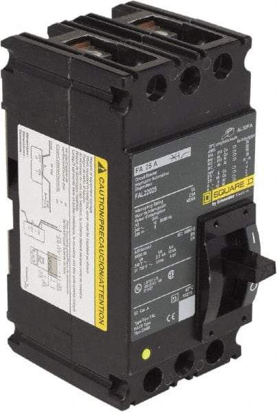 Square D - 25 Amp, 240 VAC, 2 Pole, Individually Mounted Molded Case Circuit Breaker - Thermal Magnetic Trip, 10 kA at 240 VAC Breaking Capacity, 12-4 (Aluminum), 14-4 (Copper) AWG, 4.13 Inch Deep x 6 Inch High x 3 Inch Wide - Industrial Tool & Supply