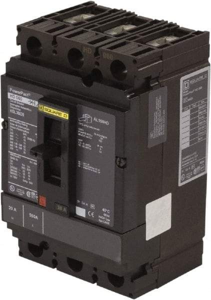 Square D - 20 Amp, 250 VDC, 600 VAC, 3 Pole, Panel Mount Molded Case Circuit Breaker - Thermal Magnetic Trip, 14-3/0 AWG, 87.4mm Deep x 162.6mm High x 104.7mm Wide - Industrial Tool & Supply