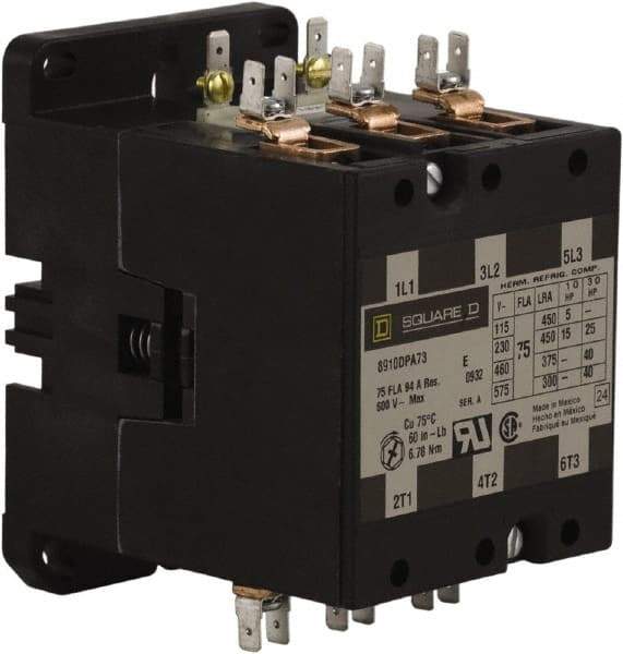 Square D - 3 Pole, 75 Amp Inductive Load, 24 Coil VAC at 50/60 Hz, Definite Purpose Contactor - Phase 1 and Phase 3 Hp:  15 at 230 VAC, 25 at 230 VAC, 40 at 460 VAC, 40 at 575 VAC, 5 at 115 VAC, 94 Amp Resistive Rating, CE, CSA, UL Listed - Industrial Tool & Supply