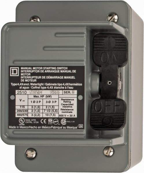 Square D - 3 Poles, 30 Amp, NEMA, Enclosed Toggle Manual Motor Starter - 1 hp at 90 VDC, 10 hp at 460 VAC, 10 hp at 575 VAC, 1-1/2 hp at 230 VDC, 2 hp at 115 VAC, 2 hp at 115 VDC & 7-1/2 hp at 230 VAC, CE, CSA, NEMA 4 & UL Listed - Industrial Tool & Supply