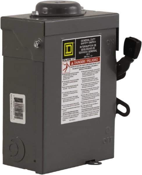 Square D - 60 Amp, 240 V, 2 Pole Nonfused Safety Switch - NEMA 3R, 10 hp at 240 VAC (Single Phase), DPST Contact Form - Industrial Tool & Supply