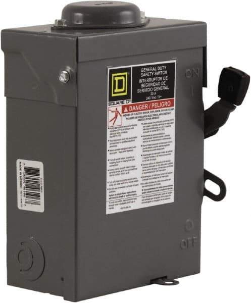 Square D - 30 Amp, 240 V, 3 Pole Fused Safety Switch - NEMA 3R, 3 hp at 240 VAC (Single Phase), 7.5 hp at 240 VAC (Triple Phase), 3PST Contact Form - Industrial Tool & Supply