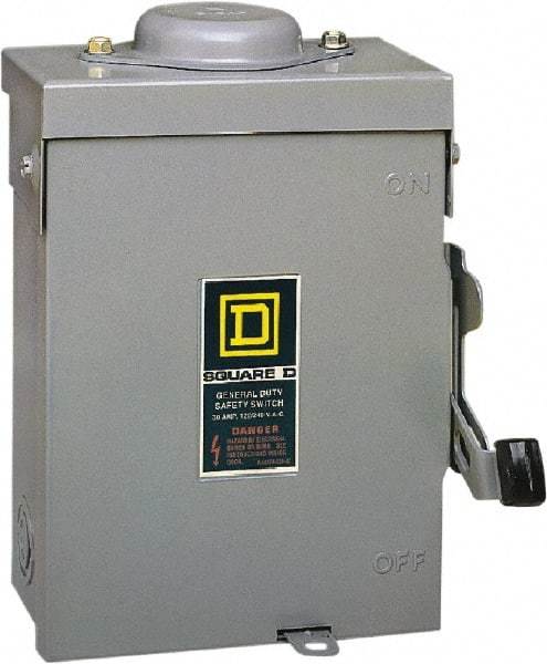 Square D - 30 Amp, 240 V, 2 Pole Fused Safety Switch - NEMA 3R, 3 hp at 240 VAC (Single Phase), 7.5 hp at 240 VAC (Triple Phase), DPST Contact Form - Industrial Tool & Supply