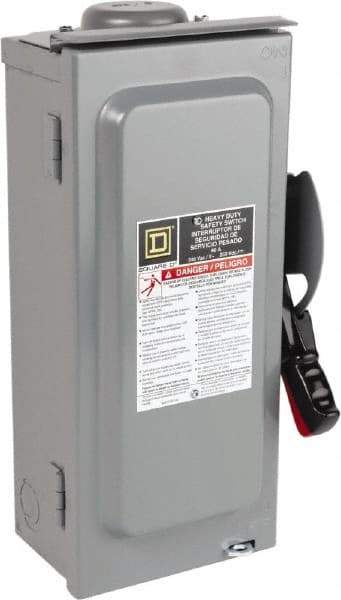 Square D - 60 Amp, 240 VAC, 250 VDC, 3 Pole Fused Safety Switch - NEMA 3R, 10 hp at 240 VAC, 10 hp at 250 VDC (Single Phase), 15 hp at 240 VAC, 10 hp at 250 VDC (Triple Phase), 3PST Contact Form - Industrial Tool & Supply