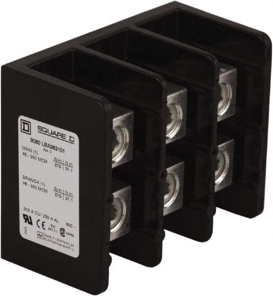 Square D - 3 Poles, 250 (Aluminium), 310 (Copper) Amp, Phenolic Power Distribution Block - 600 VAC, 1 Primary Connection - Industrial Tool & Supply