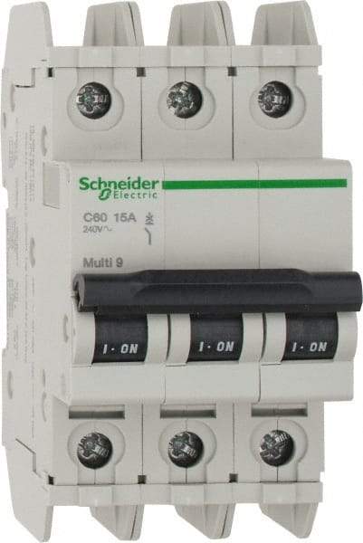 Schneider Electric - 15 Amp, 125 VDC, 240 VAC, 60 VDC, 3 Pole, DIN Rail Mount, Fixed Mount Miniature Circuit Breaker - Thermal Magnetic Trip, Multiple Breaking Capacity Ratings, 73mm Deep x 107mm High x 54mm Wide - Industrial Tool & Supply