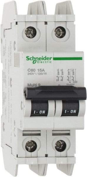 Schneider Electric - 15 Amp, 125 VDC, 240 VAC, 60 VDC, 1 Pole, DIN Rail Mount, Fixed Mount Miniature Circuit Breaker - Thermal Magnetic Trip, Multiple Breaking Capacity Ratings, 73mm Deep x 107mm High x 36mm Wide - Industrial Tool & Supply