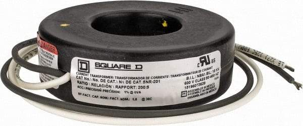 Square D - 200 Amp AC Input, 5 Amp AC Output, Panel Meter Current Transformer - Flying Lead Terminal, For Use with Ammeter, Solid State Transducer - Industrial Tool & Supply