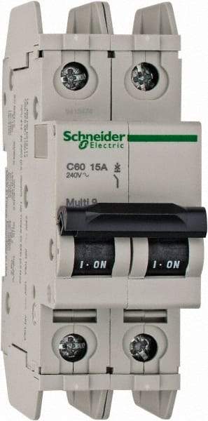 Schneider Electric - 15 Amp, 125 VDC, 240 VAC, 60 VDC, 1 Pole, DIN Rail Mount, Fixed Mount Miniature Circuit Breaker - Thermal Magnetic Trip, Multiple Breaking Capacity Ratings, 73mm Deep x 107mm High x 36mm Wide - Industrial Tool & Supply