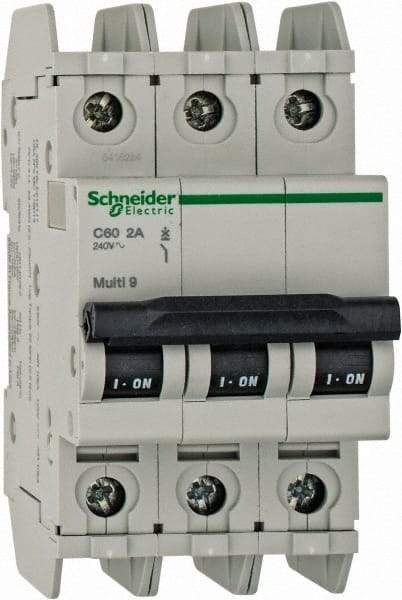 Schneider Electric - 2 Amp, 125 VDC, 240 VAC, 60 VDC, 3 Pole, DIN Rail Mount, Fixed Mount Miniature Circuit Breaker - Thermal Magnetic Trip, Multiple Breaking Capacity Ratings, 73mm Deep x 107mm High x 54mm Wide - Industrial Tool & Supply