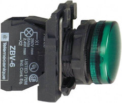 Schneider Electric - 110-120 VAC at 50/60 Hz Green Lens LED Pilot Light - Round Lens, Screw Clamp Connector, 30mm Wide, Vibration Resistant, Water Resistant - Industrial Tool & Supply