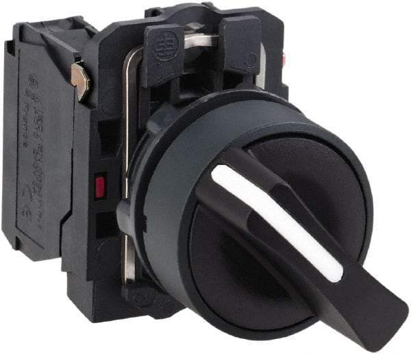 Schneider Electric - 22mm Mount Hole, 2 Position, Handle Operated, Selector Switch with Contact Blocks - Black, Maintained (MA), Shock, Vibration and Water Resistant - Industrial Tool & Supply