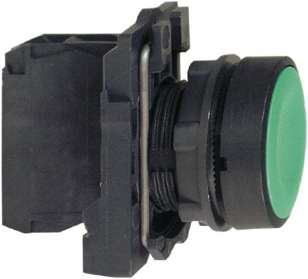 Schneider Electric - 22mm Mount Hole, Flush, Pushbutton Switch with Contact Block - Round, Green Pushbutton, Momentary (MO) - Industrial Tool & Supply