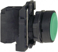 Schneider Electric - 22mm Mount Hole, Flush, Pushbutton Switch with Contact Block - Round, Green Pushbutton, Momentary (MO) - Industrial Tool & Supply