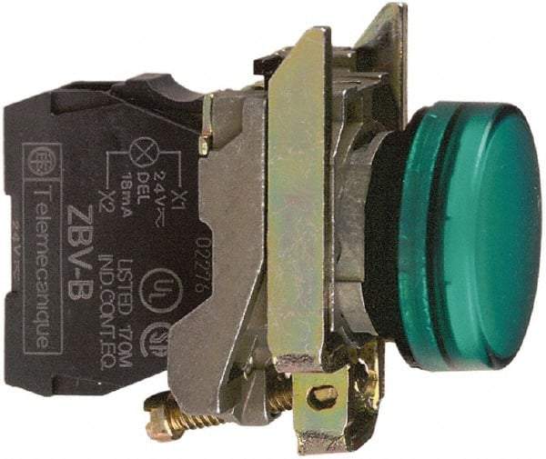 Schneider Electric - 110-120 VAC at 50/60 Hz Green Lens LED Pilot Light - Round Lens, Screw Clamp Connector, 30mm Wide, Vibration Resistant, Water Resistant - Industrial Tool & Supply