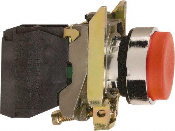 Schneider Electric - 22mm Mount Hole, Extended Straight, Pushbutton Switch with Contact Block - Round, Red Pushbutton, Momentary (MO) - Industrial Tool & Supply
