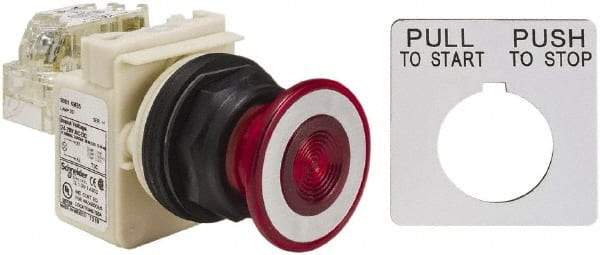 Schneider Electric - 30mm Mount Hole, Extended Straight, Pushbutton Switch with Contact Block - Red Pushbutton, Maintained (MA) - Industrial Tool & Supply