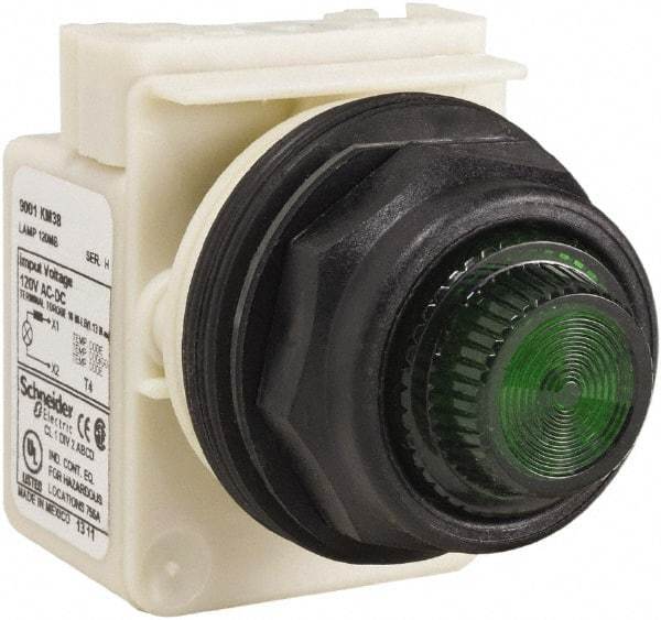 Schneider Electric - 120 V Green Lens Indicating Light - Round Lens, Screw Clamp Connector, Corrosion Resistant, Dust Resistant, Oil Resistant - Industrial Tool & Supply