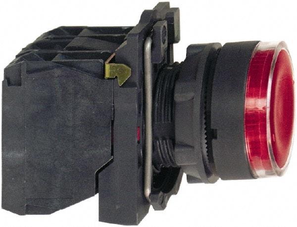 Schneider Electric - 22mm Mount Hole, Flush, Pushbutton Switch with Contact Block - Round, Red Pushbutton, Illuminated, Momentary (MO) - Industrial Tool & Supply